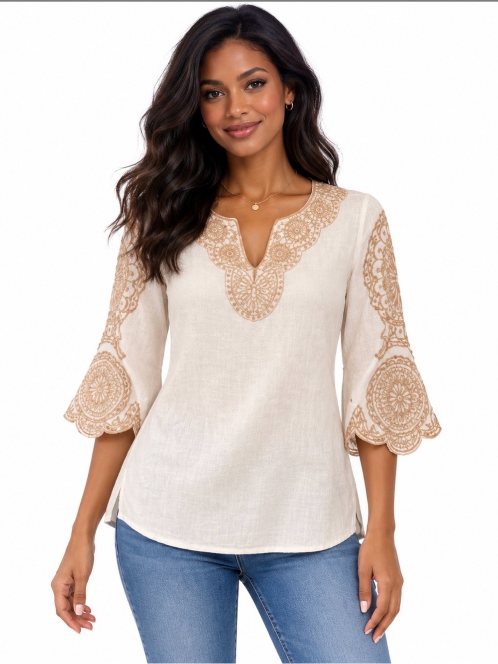 Chico's Embroidered Linen Cotton Boho Tunic Top Flutter Sleeve Size 0 (4/6)